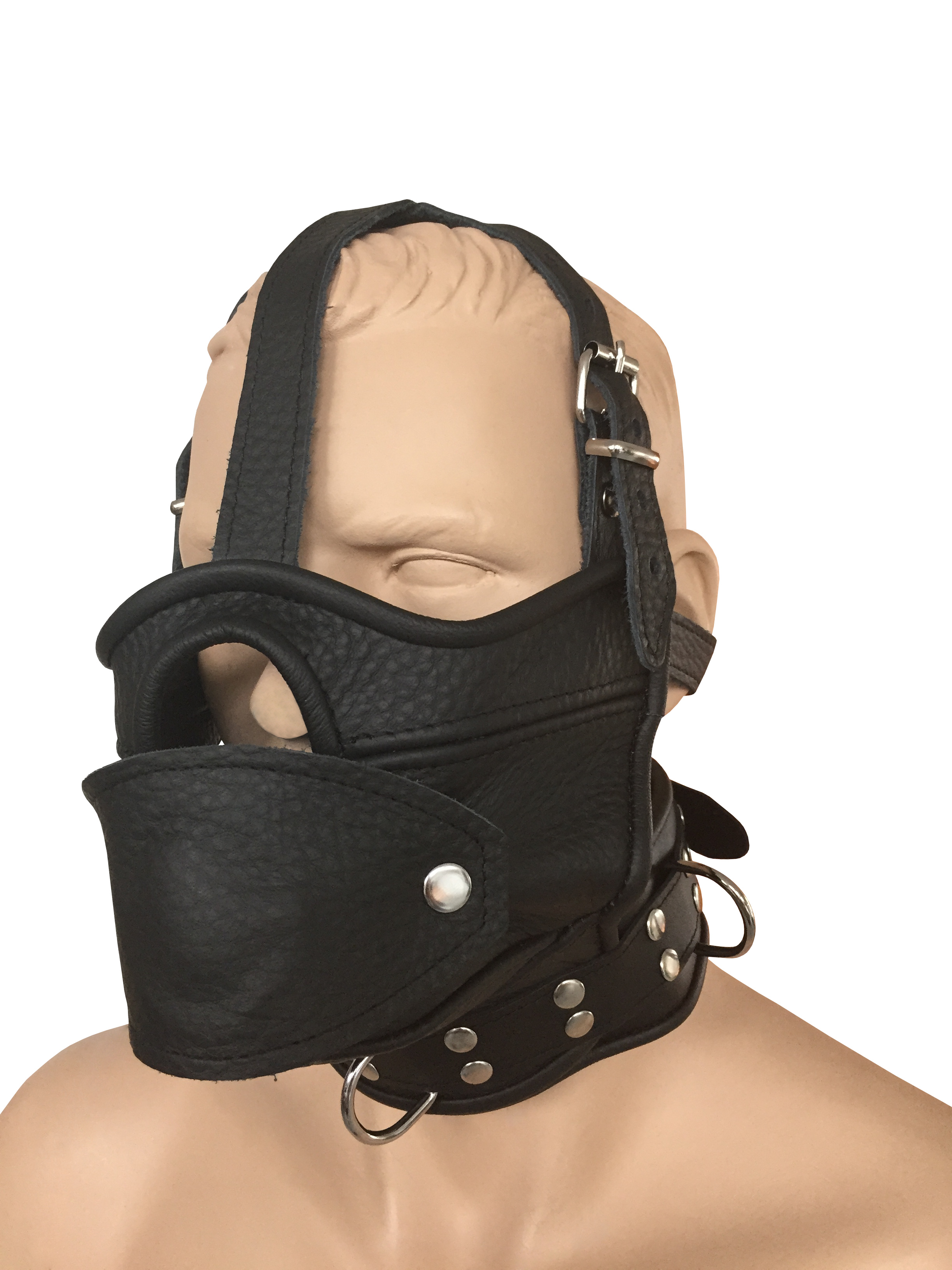 Maske mit Öffnung, abknüpfbarem Mundknebel und integrierter Halsfessel